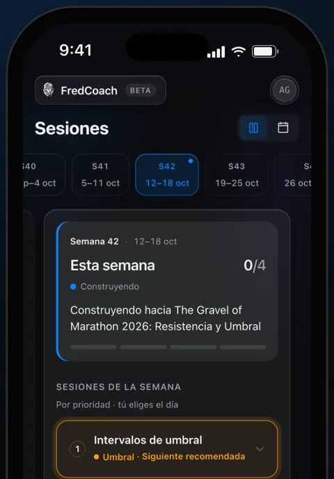 Pantalla Sesiones de FredCoach: la semana y la siguiente sesión recomendada